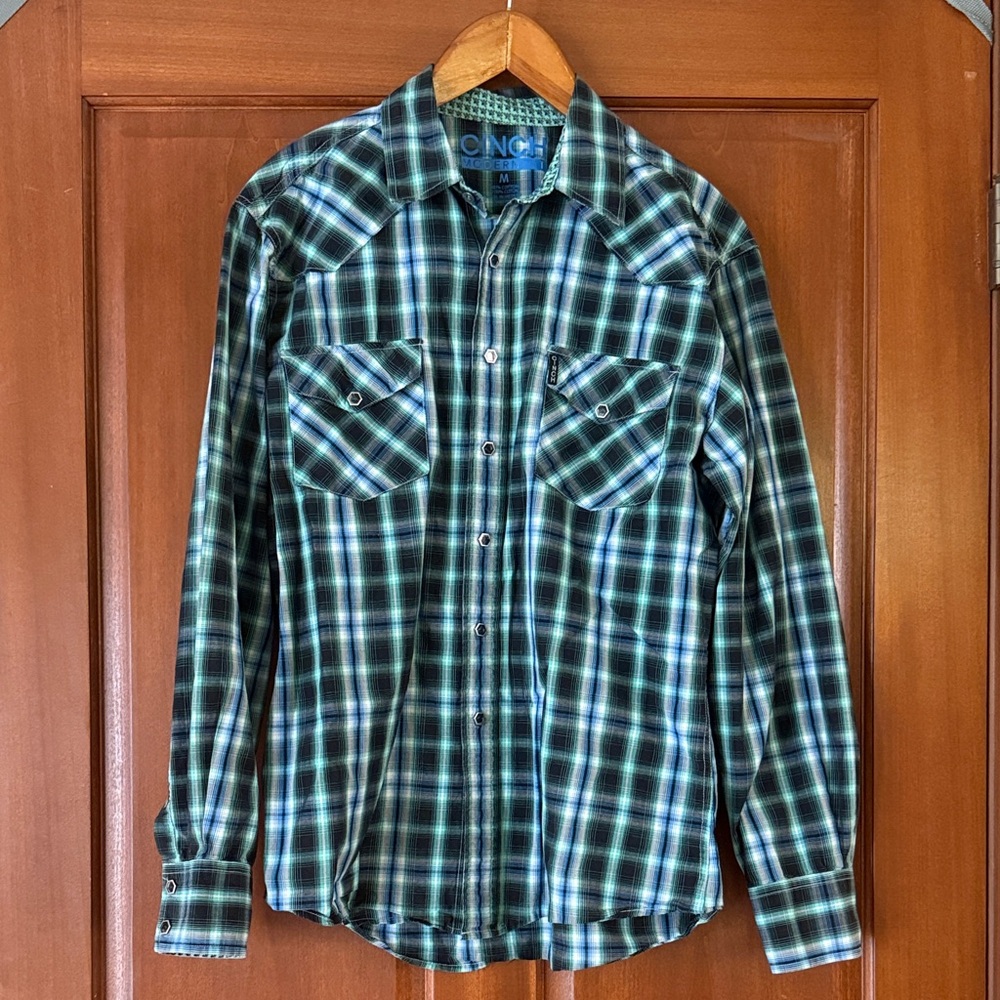 Cinch Green and Blue Plaid Casual Snap Western Shirt